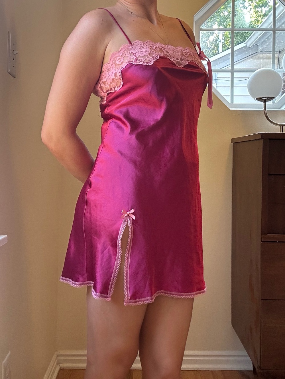 Y2K Victoria's Secret Hot Pink Satin Lace-Trim Slip